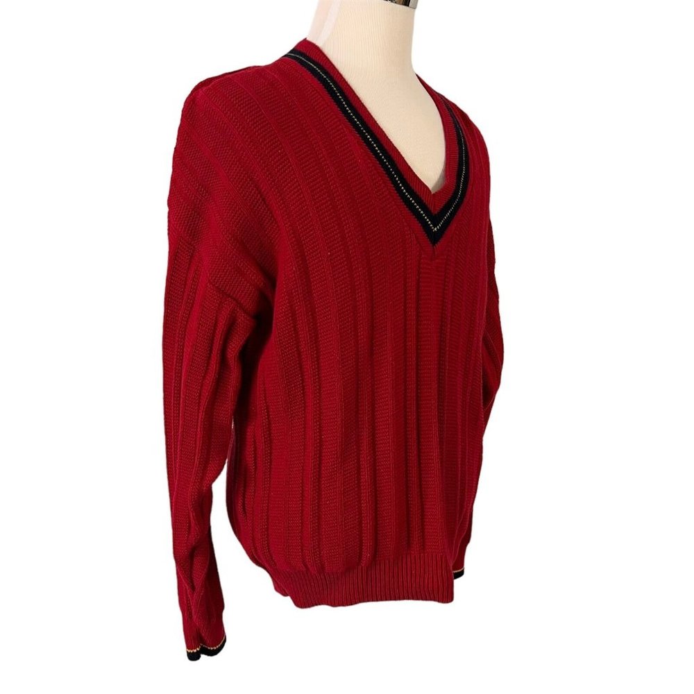 Jantzen Mens Sweater Size XL Red V-Neck Cotton Knit Vintage 1990s Made in USA